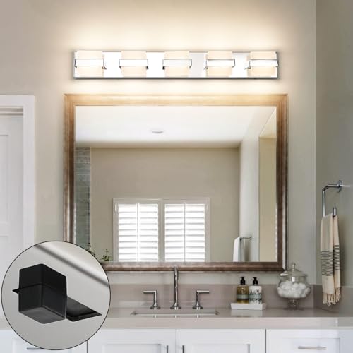 Image of SOLFART Chrome Bathroom Light Fixture, 5 Light LED Vanity Lights Over Mirror, Lights for Bathrooms,5 Color Temperature Adjustable Vanity Lights for Bath Nickel