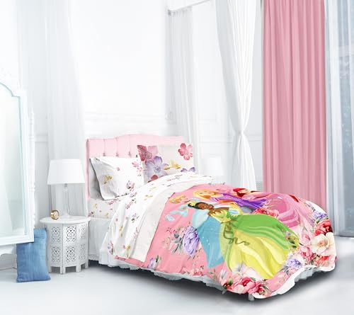 Image of Disney Princess Twin Comforter Set 5 Piece Bedding for Girls, Pink | Cinderella Rapunzel Ariel, Bed in a Bag, Comforter Sheets Sham Pillowcase, Official Product, Machine Washable, Girls Gift