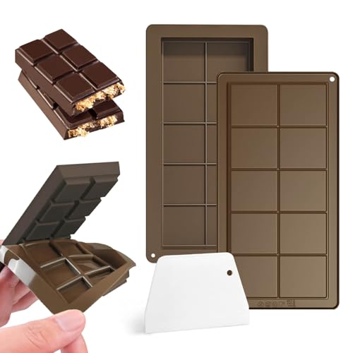 WUGAUWOR 2 Piezas Molde Chocolate de Silicona con 1 Espátula | Seguro, Resistente al Calor, Desmoldar Fácil | Molde Tableta Chocolate para Bombones, Barritas Energéticas, Decoraciones de Tartas