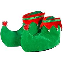 Skeleteen Red Green Elf Shoes - Red and Green Velvet Holiday Elf Feet Slippers with Jingle Bells for Adults and Kids