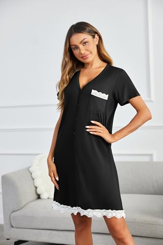 Image of Ekouaer Women Striped Nightgowns Button Down Sleepshirts Short Sleeves Nightshirts