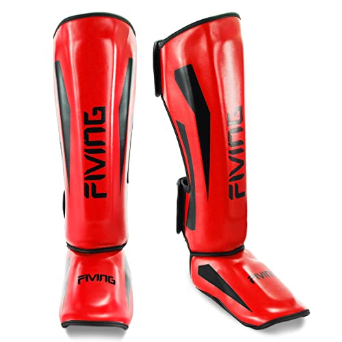 FIVING MMA Martial Arts Shin Guards – Padded, Adjustable Muay Thai Leg Guards with Instep Protection for Kickboxing/MMA Training and Sparring – Durable, Professional MMA Equipment (Red, Large) by FIVING - Image 2