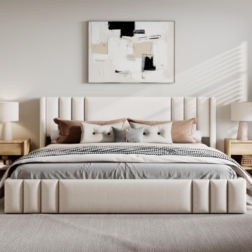 Image of Harper & Bright Designs King Size Low Platform Bed with Upholstered Headboard and Wooden Slats Support for Bedroom, Beige