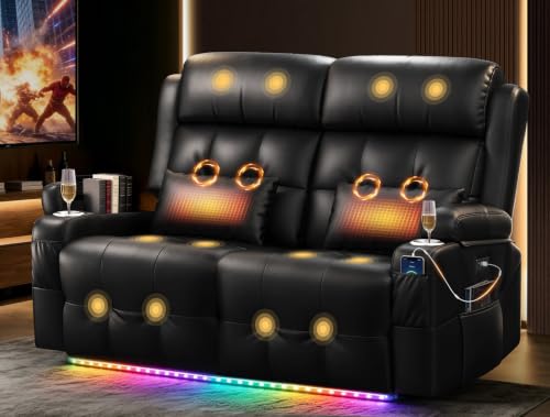 Aotolo Power Reclining Loveseat with Massage & Heat Wall Hugger Loveseat Recliner with LED Lights USB & Type-C Ports Ideal for RV Home Theater and Living Room Black 2 Seats