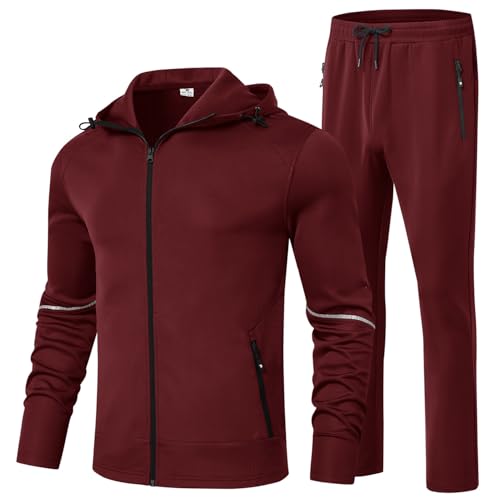 BGOWATU Men's Tracksuits Set Full Zip Jacket Hoodie Sweatsuit Running Sport Pants Outfits for Men with Zipper Pockets Wine Red S