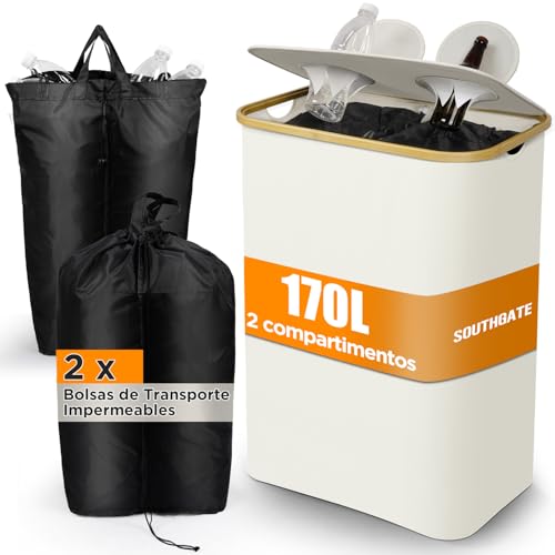 SOUTHGATE Botellas de Depósito 170L con 2 Compartimentos, Cubo de Basura Cocina con Tapa Abatible para cocina y Trastero, Contenedores de Recogida de Botellas, 2 Bolsas de Transporte, Beige