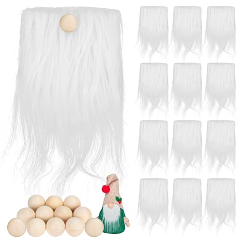 12 barbas de gnomos para manualidades, pelo para manualidades, color blanco con 12 bolas de madera, barba enana precortada, tela de vestuario de piel sintética, para manualidades, gnomos, gnomo, barba