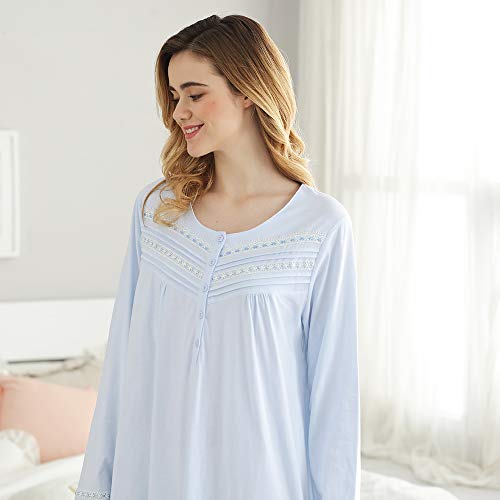 Keyocean Nightgown for Women, 100% Cotton Long Sleeves Lightweight Comfy Ladies Sleeping-Gown, Light Blue, Large
