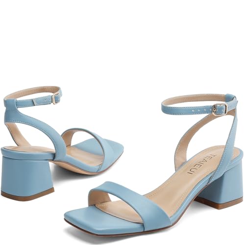 Image of TEAIEUI Block Heels for Women, Square Open Toe Heeled Sandals, Chunky Ankle Strap Shoes for Dress, Party, Prom, Low Heel 2 inch, Light Blue, Size 8