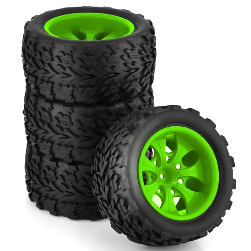 Chanmoo 1/10 RC Monster Truck Tires and Hard Plastic Wheels 12mm Hex Off Road Truck Tyres for 1:10 Scale Short Course Truck Car Traxxas X-Maxx E-Revo Summit Kyosho 144001 HSP 94188 94111 4PCS (Green)