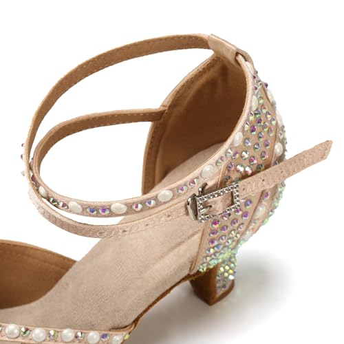 Image of JUODVMP Women's Latin Dance Shoes Rhinestones Satin Ballroom Dancing Shoes Salsa Professional Dance Shoes