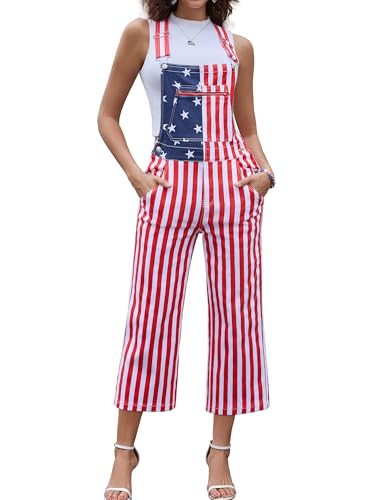 Odefou Overalls for Women-Holiday Gifts Ladies Fashion Jumpsuit Festival Romper Bibs Coveralls(American Flag Overalls S)
