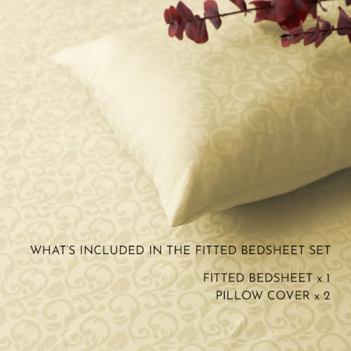 Image of Blue Dahlia 100% Cotton, King Size /Double, Elastic Fitted Bedsheet (72 inchx78 inch) + 2 Pillow Covers, Fits Upto 10 inch Mattress, 300TC Premium Bedsheet, Blooming Coral Jacquard Pattern - Ivory