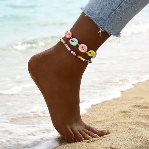 Image of Shell Anklets for Women Shell Beach Jewelry Accessories White Pink Black Flower Ankle Bracelet Summer Vacation Dress Outfits