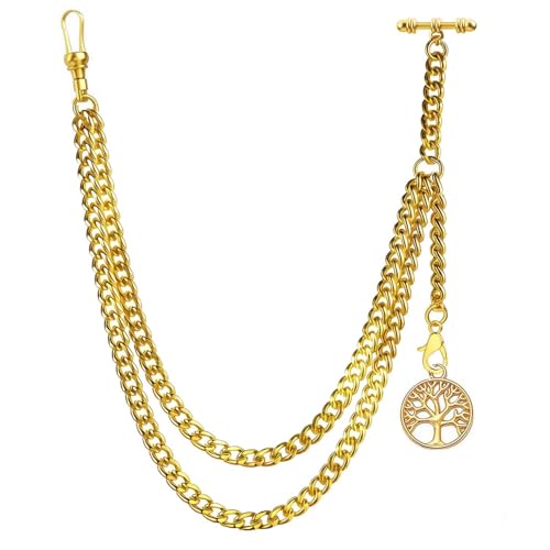 Montre de poche Albert dorée chaîne gourmette en T avec pendentif arbre de vie homme
