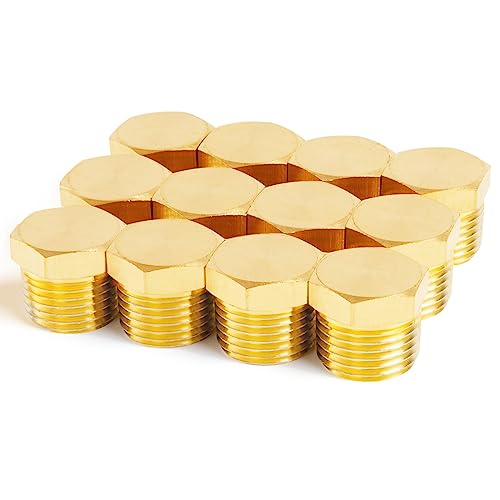 ChillWaves Brass Pipe Fitting, Outer Hex Head Socket Pipe Plug Fitting 1-4 NPT Male Thread Adapter(12-PACK)