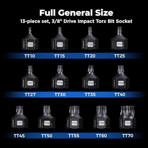 Image of toolant 3 /8 inchdrive impact torx bit socket set 13PCS,Hex Drive,TT10-TT70, S2 Steel Air Drive Torx Socket set,Impact Grade,Anti-Roll Design
