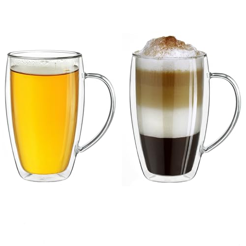 Creano doppelwandiges Thermoglas mit Henkel 400ml, großes Doppelwandglas aus Borosilikatglas, Kaffee-/Teeglas, 2x 400ml