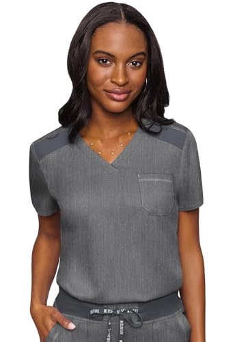 Image of Med Couture Women's V-Neck Scrub Top, Modern Fit Tuck-in Top with Stretchy Rib-Knit Shoulders and Chest Pocket - MC7448