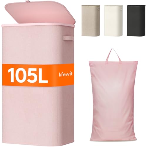 Image of Lifewit 105L Laundry Basket with Lid, Large Laundry Hamper with Plastic Handles and Removable Bag, Foldable Tall Dirty Clothes Hampers for Laundry for Laundry Room, Bedroom, Bathroom, Dorm, Pink