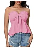 SOLY HUX Women's Frill Trim Tie Front Tube Top Sleeveless Strapless Ruffle Summer Tops Solid Pink L