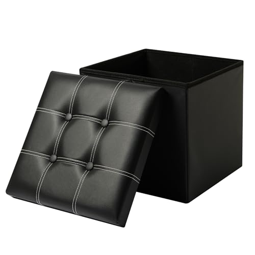 okam Storage Ottoman-Foldable Ottoman Storage-Collapsible Stool Bench - Storage Organiser Case with Cushioned Seat - use as Blanket Box, Foot Stool Ottaman, Pillow, Toys, Clothes Ottman Cube - Black