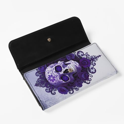 Image of AFPANQZ Gothic Sugar Skull Women's Wallets Large Capacity RFID Protection Waterproof Leather Long Clutch Phone Holder Zip Inner Pocket Multi-Cards Slots Travel Wallet TriFold Purses Purple Silver