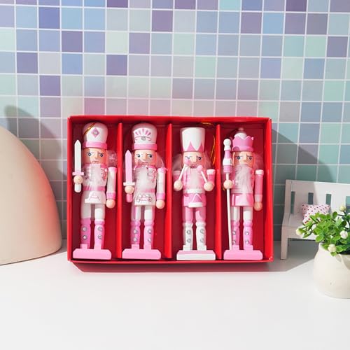 Christmas Nutcracker Ornaments Set, Wooden Christmas Nutcracker Soldier Figures Decorative Collectible Nutcracker 5 Inch Mini Nutcracker Figurines Christmas Tree Hanging Decorations - 4pcs Pink