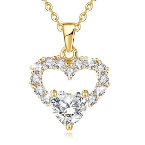 Heart Necklace for Women, 18k Gold Plated Non Tarnish Gold Necklace, Dainty Heart Pendant with Diamond-Cut CZ, Adjustable Chain Pendant Necklace Gold Jewelry for Women Anniversary Birthday Gifts