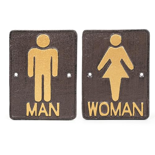 Sungmor Cast Iron Restroom Signs Set - Rustic MAN & WOMAN Bathroom Door Signs, Wall Mount Vintage Toilet Plaques for Home, Office, Café, Bar - Indoor Outdoor Use