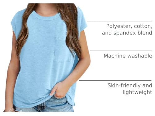 Image of Imily Bela Girls Cap Sleeve Summer Tops Casual Crewneck Loose Tshirts with Pocket