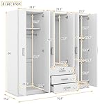 Merax Large White 6 Doors Wooden Wardrobe, Bedroom Tall Armoire Closet Organizer with Big Drawers, Hanging Rails and Shelves, Clothes Storage Cabinet for Garage & Laundry Room, White - Image 2