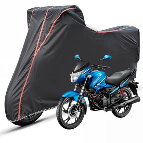 Image of Two Wheelers Bike Body Cover Compatible for Hero Glamour i3s, UV Resistant, Dustproof, Triple Stitched, Elastic Bottom, Red Piping Motorcycle Cover (Black, Pack of 1)