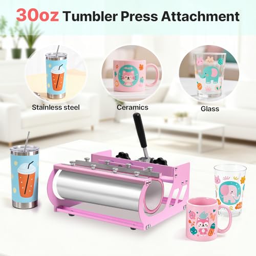 Image of Slendor Heat Press 15x15 Inch 5 in 1 Heat Press Machine with 30OZ Tumbler 360-Degree Swing Away Digital Multifunction Heat Transfer Sublimation Combo for T Shirts Mugs Hat Plate Cap, Pink