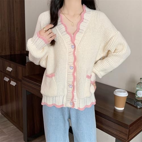 FindThy Women’s Cute Cardigan Sweater Kawaii V-Neck Long Sleeve Heart Button Color-Blocked Knit Outerwear3