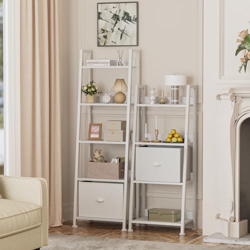 image for Furologee 4-Tier White Ladder Shelf, Ladder Bookshelf with Removable D