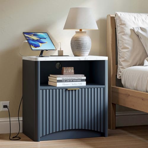 Image of Evermagin Fluted Nightstand with Charging Station, Navy Blue Bedside Table with Drawer and Storage, Wood End Table Mid Century Modern, Large Night Stand for Bedroom