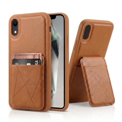 Image of amazon basics Premium Vegan Leather Back Cover with Card Holder and Integrated Mobile Stand for iPhone XR - Slim Shockproof Wallet Case with Geometric Stitching [Tan]