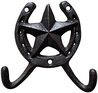 Atpxdk 2PCS Cast Iron Horseshoe Wall Decor, Vintage Star Cast Iron Rustic Metal Horseshoes Wall Hooks for Hat and Key Hook Rack Hanger