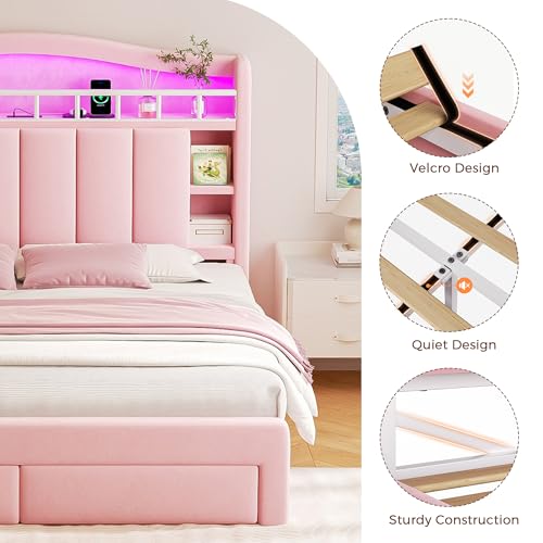 Full LED Bed Frame with Storage Headboard & 2 Storage Drawers, Princess Velvet Upholstered Bed with Vertical Tufted Headboard Design for Girls, USB & Type-C Charging Ports, Wooden Slats Support, Pink