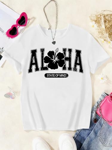Image of SHENHE Girl's Summer Hawaiian Shirt Aloha Tropical Graphic Cute Crewneck Short Sleeve T Shirts Teen