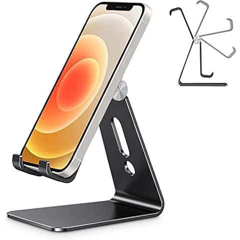 Nidiox Phone Stand for Desk Cell Phone Holder Adjustable Compatible with iPhone 14 13 12 Pro Max 11 XS Max XR X 8 Plus, Aluminum Metal Desktop Phone Stand Portable - E260 Black Cover