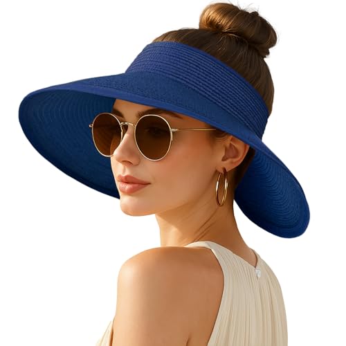 Rosoz Women's Sun Visor Hats Wide Brim Straw Beach Hat Ponytail Hats for Women Foldable Floppy