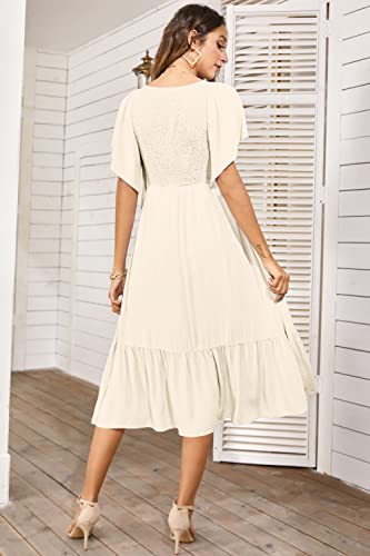 Pygfemr Women's 2023 Summer Dresses Empire Waist Smocked Flutter Short Sleeve V Neck Midi Dresses Apricot White S #TOP2