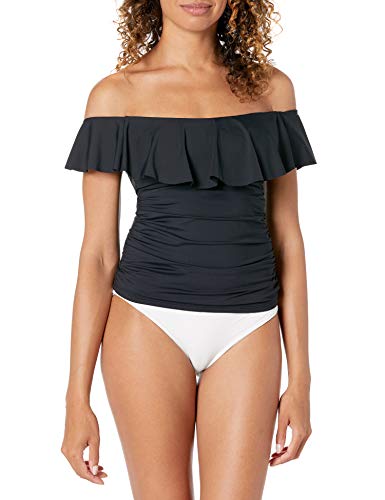 La Blanca Women's Island Goddess Off Shoulder Ruffle Tankini Swimsuit Top, Black, 8