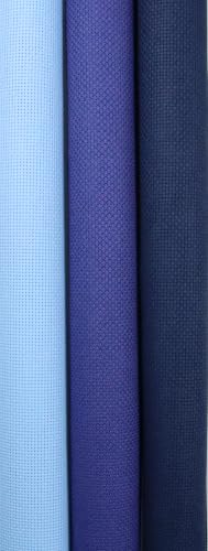 Image of KCS 3 pc of 15 inch x 18 inch(38cmx45cm) 18 Count Cross Stitch Cotton Aida Cloth Needlework Rolled Fabric Box,18CT,Light Blue+Royal Blue+Navy Blue