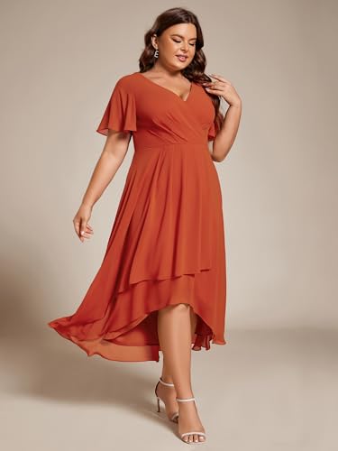 Ever-Pretty Women's V Neck Pleated Plus Size Ruffle Sleeves Chiffon High Low Formal Wedding Guest Dresses 02084-DAPH3