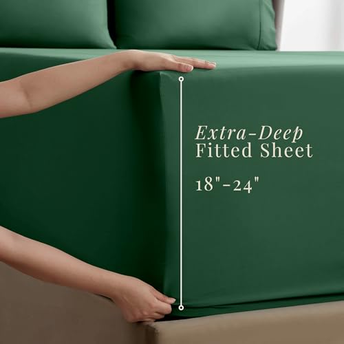 Image of Hearth & Harbor Bed Sheets, Luxury Soft 6 Piece Bed Sheet Set Extra Deep Pocket Fitted Sheets Fits Mattress up to 21 inch, Double Brushed Bedding Sheets & Pillowcases, Split King, Dark Green