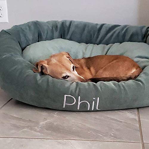 Image of Majestic Pet Personalized Bagel Dog Bed - Machine Washable - Soft Comfortable Sleeping Mat - Durable Bedding Supportive Cushion Custom Embroidered - Available Replacement Covers - Medium Blue