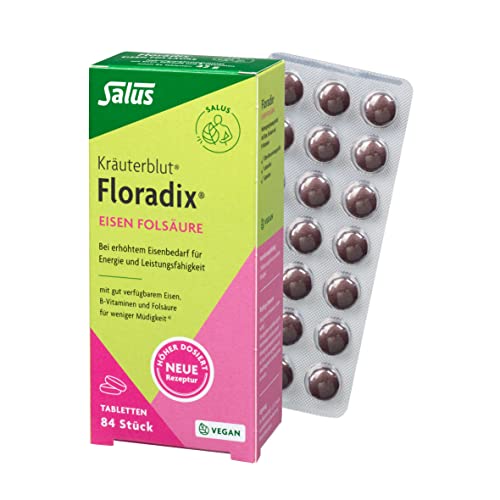 Salus Kräuterblut - Floradix Folsäure Tabletten - 1x 84 Tabletten (42 g) - Nahrungsergänzungsmittel mit gut verfügbarem Eisen(II)-gluconat, B-Vitaminen und Folsäure - vegan